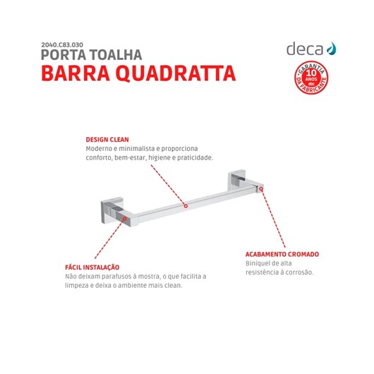 Porta Toalha Quadratta Cromado Deca 30cm - Imagem principal - 33bd032c-b27f-4b87-adb1-0826880b481f