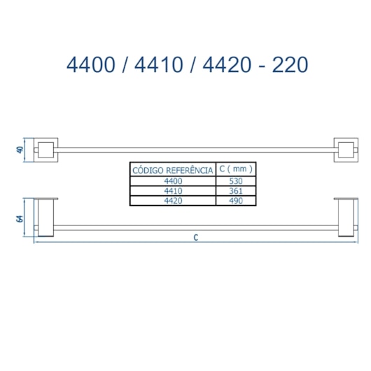 Porta Toalha Reto Longo Bella 220 4400 530mm Preto Fosco Fani - Imagem principal - c4ad8acc-93ef-4880-a250-4a27c017d878