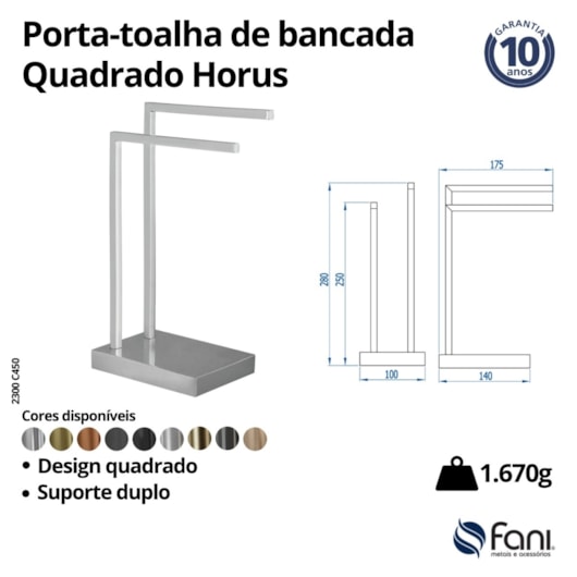 Porta-Toalhas De Bancada Quadrado Horus 450 2300 Cromado Fani Metais - Imagem principal - c33b5161-92b3-4f9e-b4ab-2ed5f8e2d516