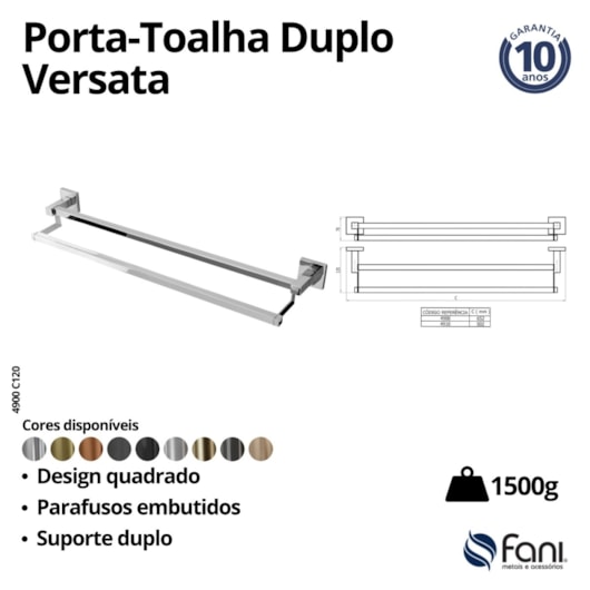 Porta-Toalhas Duplo Longo Versata 120 4900 Cromado Fani Metais - Imagem principal - e5dacb17-960e-4616-99fc-ab59a5f2e700