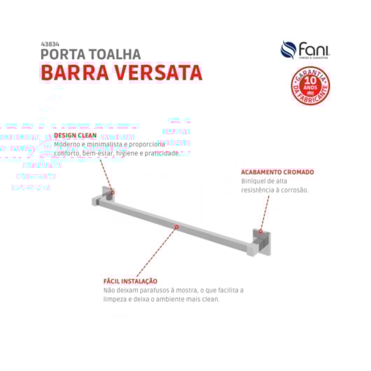 Porta Toalhas Reto Longo Para Banheiro Versata 120 Cromado Fani - Imagem principal - cfe9a1e0-4e2f-4ad7-a5d7-4b7e18d03b58