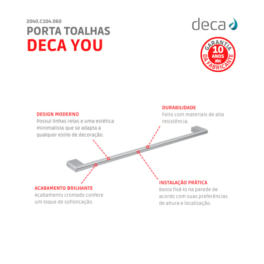 Porta Toalhas You Cromado Deca 60cm - Imagem principal - 5ebcc4e0-6cdf-4741-a51d-38c2a5be863a