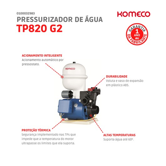 Pressurizador De Água TP820 G2 Bivolt Komeco - Imagem principal - 3b94083d-4105-4fb9-85e1-1019ffebf5b3