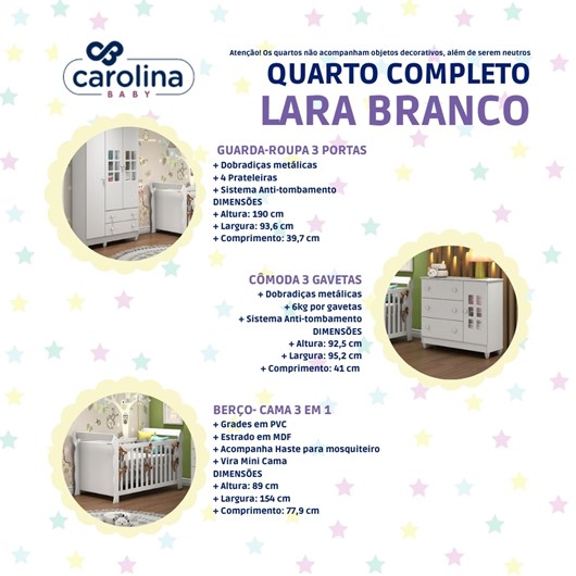 Quarto De Bebê Completo Lara Berço + Guarda Roupa 3 Portas e Cômoda  Fraldário Branco Brilho Carolina Baby