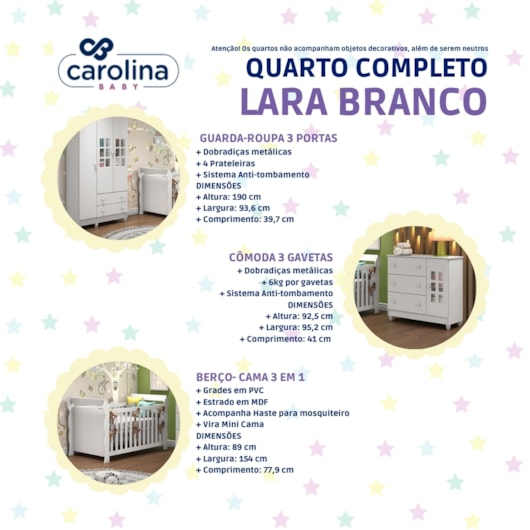 Quarto De Bebê Completo Lara Berço + Guarda Roupa 3 Portas e Cômoda Fraldário Branco Brilho Carolina Baby - Imagem principal - 3b2337dc-1da6-40a8-b053-547385ca439c