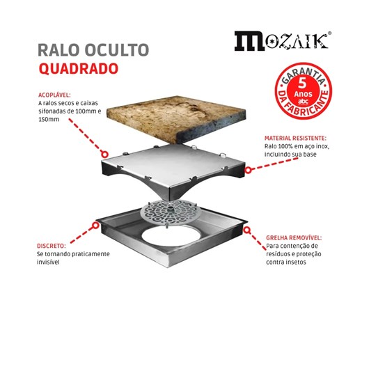 Ralo Oculto Quadrado Inox 15X15cm Mozaik - Imagem principal - 00946826-e435-4598-a4d1-045ba3d0ff7f