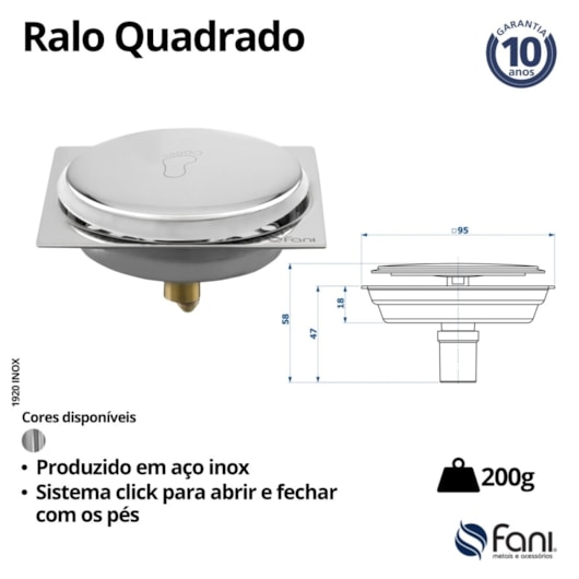 Ralo Quadrado Com Click Inox Fani 10 cm - Imagem principal - 025cf2bc-a74f-4899-af83-f7fa2d6d705c