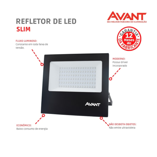 Refletor De Led Slim 100 6500k  Lúmens Bivolt Emissão De Luz Branca Avant 7500lms - Imagem principal - 59c550d3-7a6a-43f6-9fe1-a90d99d43e69