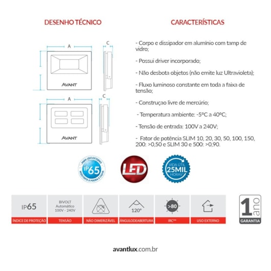 Refletor De Led Slim 100 6500k  Lúmens Bivolt Emissão De Luz Branca Avant 7500lms - Imagem principal - af78844b-cbde-46bb-84bf-3ae19e252b9b