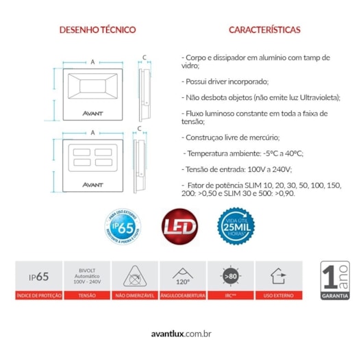 Refletor De Led Slim 100 7500 Lúmens Bivolt Emissão De Luz Verde Avant - Imagem principal - 7ad9d662-7f29-4c2c-adf1-06dd5d28f592