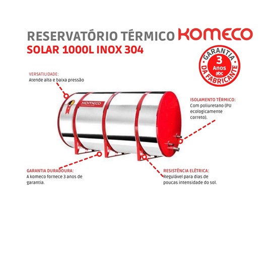 Reservatório Térmico Solar 1000l Baixa Pressão Inox 304 Komeco - Imagem principal - 82e3aa04-67c1-4f29-872a-92058348e08e