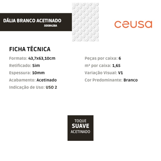 Revestimento Ceusa Dália Branco Acetinado 43,7x63,10cm Retificado  - Imagem principal - a3635024-0cdd-42e7-9d90-1ca0a5ffdda2