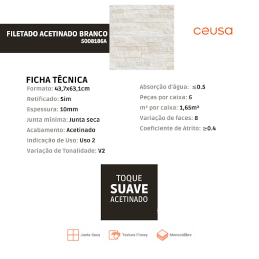 Revestimento Ceusa Filetado Acetinado Branco 43,7x63,1cm Retificado  - Imagem principal - 154a647a-939c-4978-963d-15a8476aef09