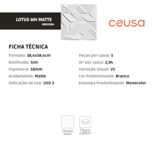 Revestimento Ceusa Lotus Wh Matte Ceusa 58,4x58,4cm Retificado - Imagem principal - cdc7d328-75f9-4503-923d-53bf158b7d8c