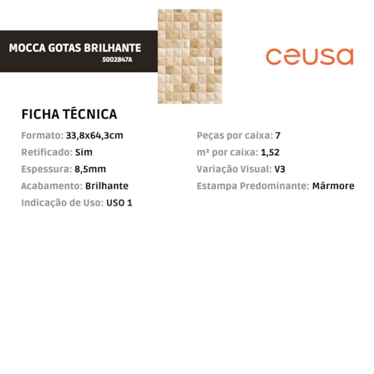 Revestimento Ceusa Mocca Gotas Brilhante 33,8x64,3cm Retificado  - Imagem principal - b6c5e8da-984b-4669-ad78-eb1a3cc4c39f