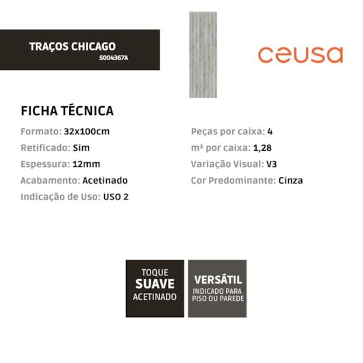 Revestimento Ceusa Tracos Chicago Acetinado 32x100cm Retificado  - Imagem principal - 8155c617-2cb4-453a-a966-60024d51aced