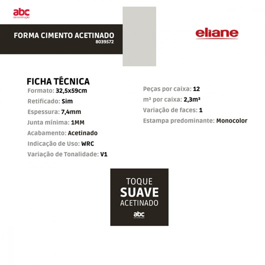 Revestimento Eliane Forma Cimento Acetinado 32,5x59cm Cinza Retificado  - Imagem principal - 0876d230-fe01-425f-8db5-50cbb5a242a2