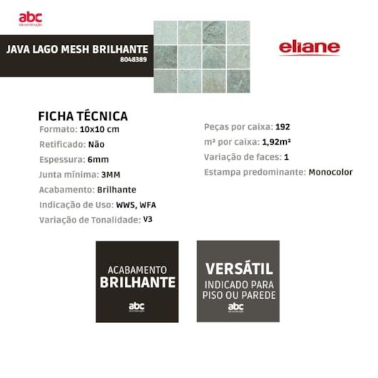 Revestimento Eliane  Java Lago Mesh Brilhante 10x10cm Bold - Imagem principal - 9e6383f3-db51-4c1d-9b23-0c19d2b82de4