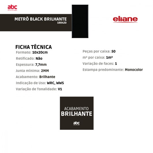 Revestimento Eliane Metrô Black Brilhante 10x20cm Preto Bold  - Imagem principal - b0aa3457-fa4f-488c-99bf-b78e45fc95e0