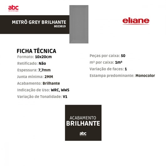 Revestimento Eliane Metrô Grey Brilhante 10x20cm Cinza Bold  - Imagem principal - 55ed51d3-86c1-430f-8d3d-c22dc1111847