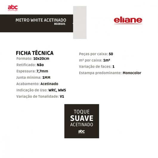 Revestimento Eliane Metro White Acetinado 10x20cm Branco Bold  - Imagem principal - d393f320-8279-46a7-9354-0ad4ef646beb