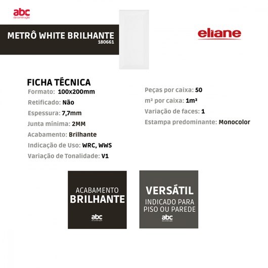 Revestimento Eliane Metrô White Brilhante 10x20cm Branco Bold  - Imagem principal - ccd6f66e-a4f6-4c09-a013-d472e34009ba