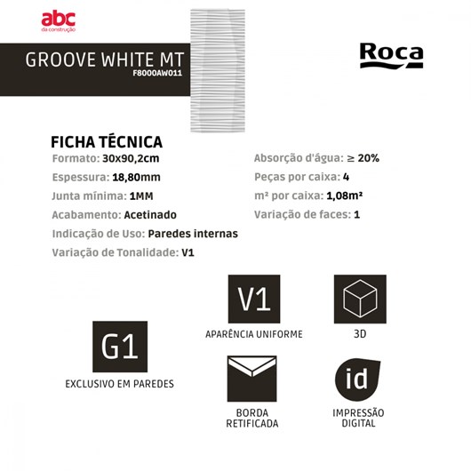 Revestimento Groove White Mate Incepa 30X90,2cm - Imagem principal - 4f33695a-39f4-4b86-a69d-f49cba947e9f