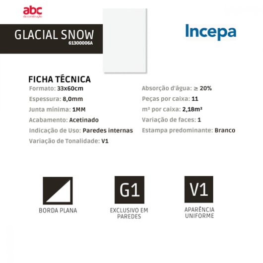 Revestimento Incepa Glacial Snow Acetinado 33x60cm Branco Borda Plana - Imagem principal - 31069e04-11ae-4d9b-b096-89d8aa257de9