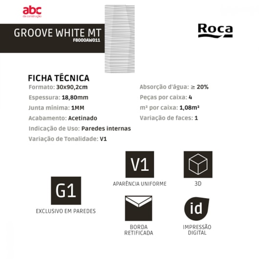 Revestimento Incepa Groove White Mate 30x90,2cm Retificado - Imagem principal - 33592c68-a362-41a6-9b89-1c414ec98936