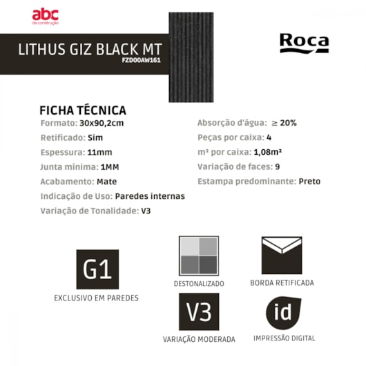 Revestimento Lithus Giz Black Mate Roca 30X90,2Cm - Imagem principal - bcf43c4c-fc25-47f2-a1cb-66ae72b04663
