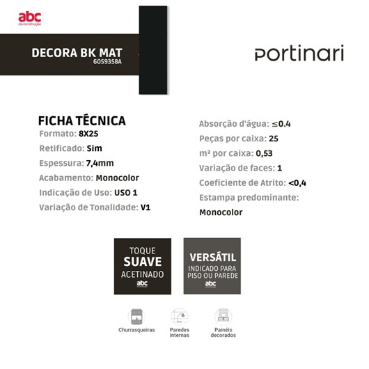 Revestimento Portinari Decora Black Matte 8x25cm Preto Bold  - Imagem principal - f4157756-8e95-4949-a73e-7dacf7e63b65