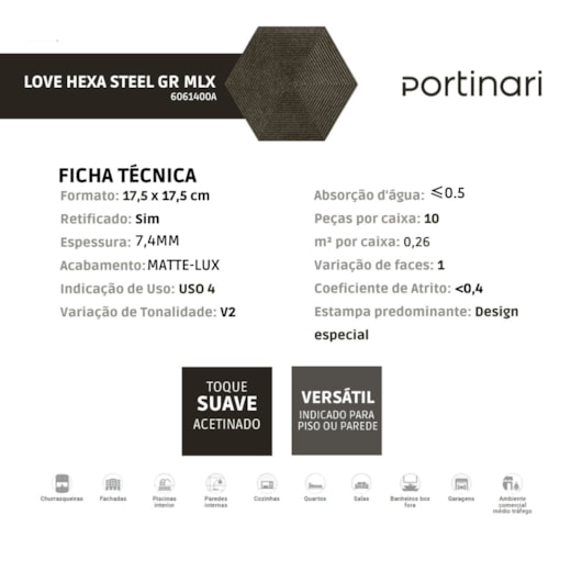 Revestimento Portinari Love Hexa Steel Gr Mlx 17,4x17,4cm Retificado - Imagem principal - 67e278cc-2b85-4655-899e-35a52f1a57ce