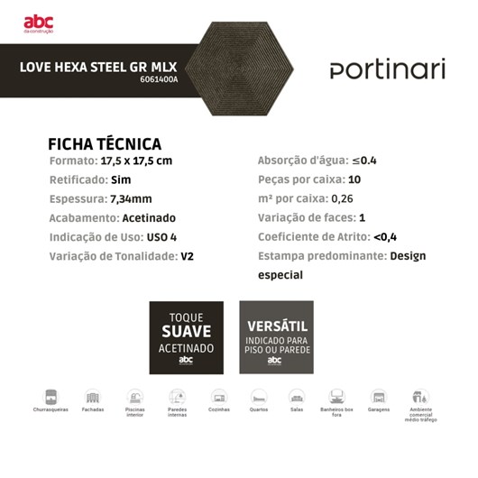 Revestimento Portinari Love Hexa Steel Gr Mlx Pei3 17,5x17,5cm Retificado - Imagem principal - a955cf7f-7730-429c-abe1-907033851b9c
