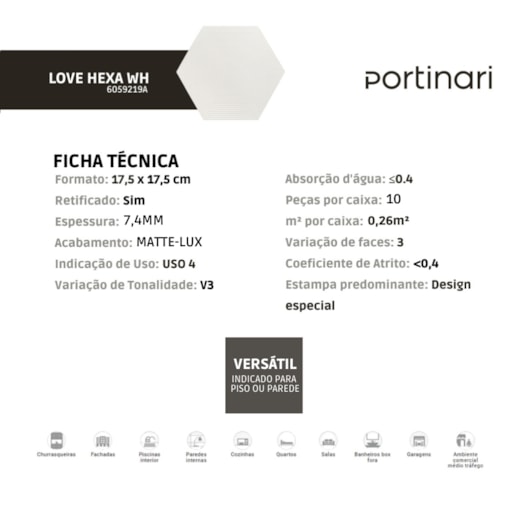 Revestimento Portinari Love Hexa Wh Mlx 17,5x17,5cm Retificado - Imagem principal - 6076ee5e-dee6-4ee0-8743-70fb045f245c