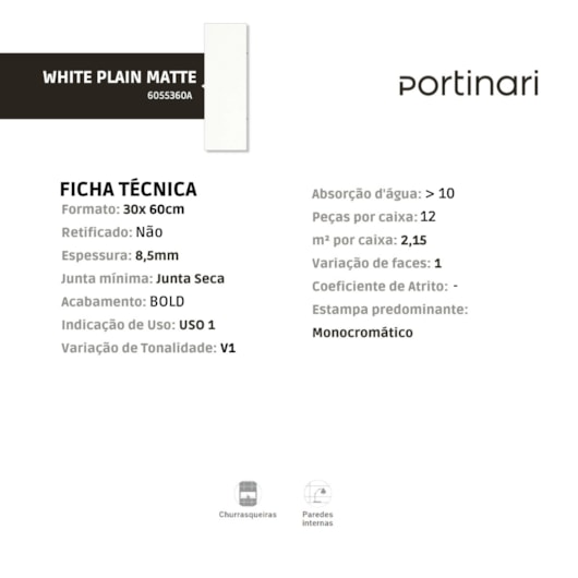 Revestimento Portinari White Plain Matte 29,1x58,4cm Bold  - Imagem principal - f5e1f408-7897-4543-9add-1ad23f53347a