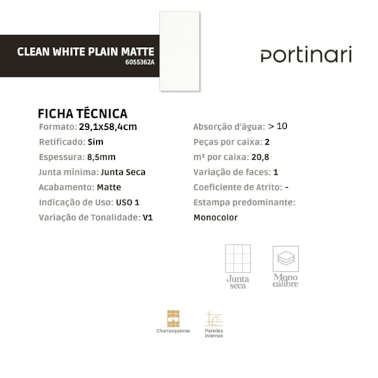 Revestimento Portinari White Plain Matte 29,1x58,4cm Retificado  - Imagem principal - aeaf0694-0f8a-4155-9e5e-951935c48383