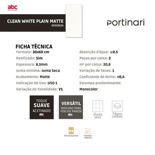 Revestimento Portinari White Plain Matte 30x60cm Branco Retificado  - Imagem principal - 35b7b3fa-c73e-47fc-aa01-70657656db43