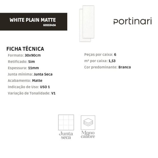 Revestimento Portinari White Plain Matte 30x90cm Retificado - Imagem principal - 3c8ed0e9-2185-42e9-a390-434c0afa4dbb