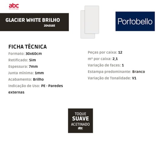 Revestimento Portobello Glacier White Brilho 30x60cm Retificado - Imagem principal - 47ba9a23-18ed-4b06-862e-43dd06bf4b12