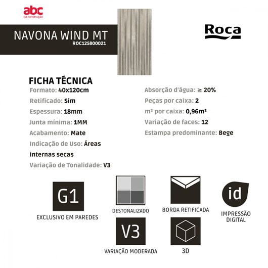 Revestimento Retificado Navona Wind Acetinado A Roca 40x120cm - Imagem principal - 8d876bf4-a154-4293-9199-4f76378b997a