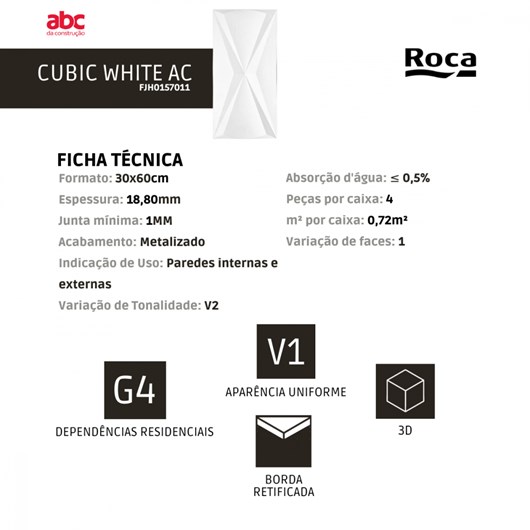 Revestimento Roca Cubic White Matte Acetinado 30x60cm Branco Retificado  - Imagem principal - cce1f6d3-10f3-4c73-aad0-c1c351b6721f