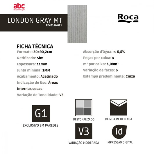 Revestimento Roca Inserto London Gray Cinza Acetinado 30x90,2cm Retificado  - Imagem principal - 8d632b55-317a-451c-ace5-485a8d5c661f