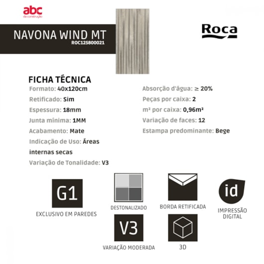 Revestimento Roca Navona Wind Acetinado 40x120cm Retificado - Imagem principal - 431afbbf-0ef7-4775-8d67-56ed1ebfb454