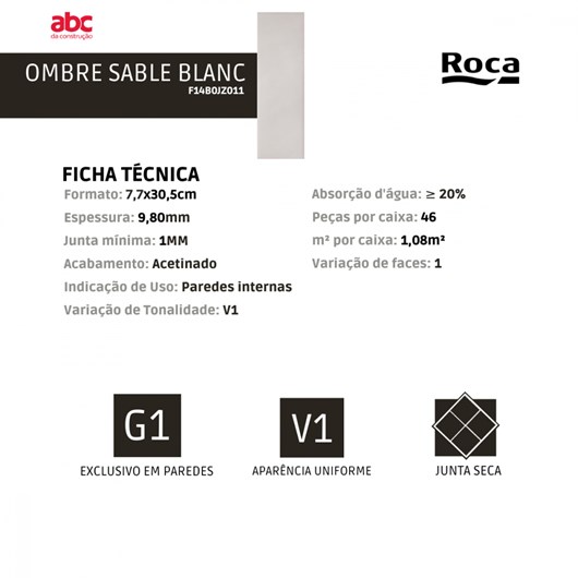 Revestimento Roca Ombre Sable Blanc 7,7x30,5cm Bold - Imagem principal - 8dc0b3cb-01a8-49c4-820f-7a767040b5fb