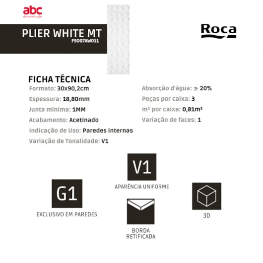 Revestimento Roca Plier White Matte Acetinado 30x90,2cm Retificado  - Imagem principal - 417ac4f7-e513-4a99-8f4a-14760beb18c3