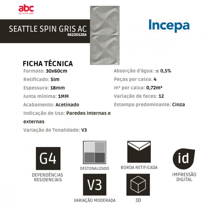 Revestimento Roca Seattle Spin Gris Acetinado 30x60cm Cinza Retificado 