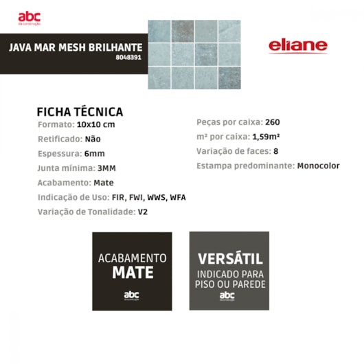 Revestimento Telado Eliane Java Mar Mesh Brilhante 10x10cm - Imagem principal - 5a41f9b3-5f9a-4e68-89cd-be7d31c13608