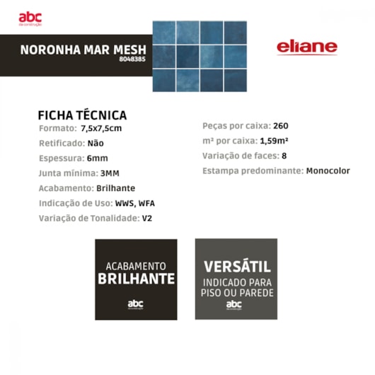 Revestimento Telado Eliane Para Fachada E Piscina Noronha Mar Mesh Brilhante 7,5x7,5cm Bold - Imagem principal - 42e384a5-42b7-45af-8bbe-9b44a50d3755