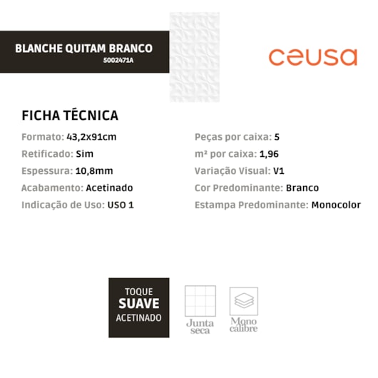 Revestimetno Ceusa Blanche Quitan Acetinado 43,2x91cm Retificado - Imagem principal - 79c5275a-ccf2-44c5-a838-fce0a7c30a35
