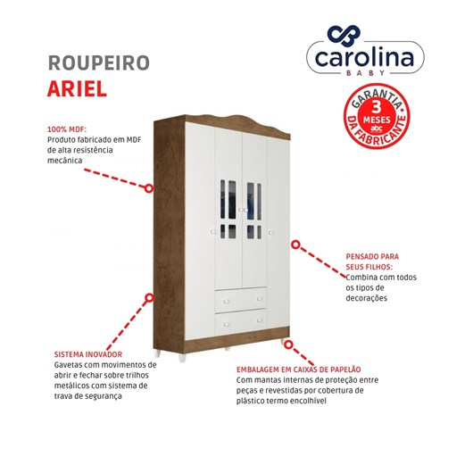 Roupeiro Ariel 4 Portas Branco/amadeirado Carolina Baby - Imagem principal - b3e7e5d7-d94e-4170-b373-3c165a7030ef